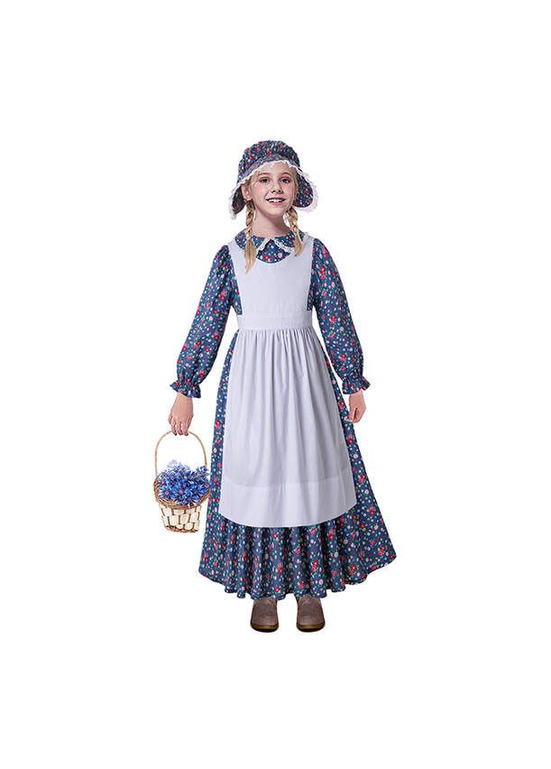 Girls Blue Prairie Costume Pioneer Dress With Flower Printed