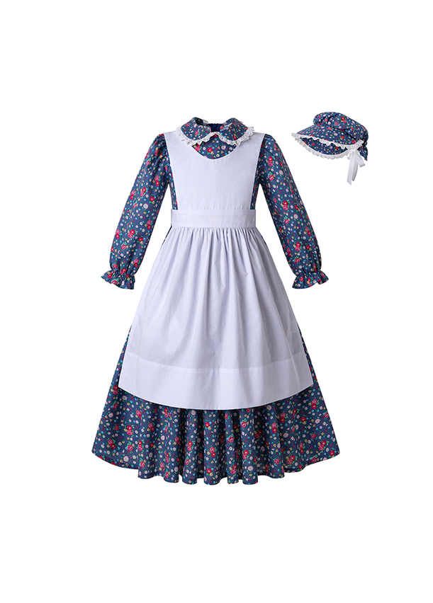 Girls Pioneer Costume Blue Long Sleeve Floral Dress with Apron Hat 