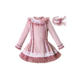 (ONLY 4Y 12Y)Lace Knitted Velour Fabric Pink Roses Girls Autumn Dress ...