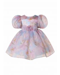 Kids Girls Romantic Flower Printed Summer Bubble Sleeves Party Dress