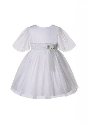 Girls White and Green Tulle Dress for Ceremony