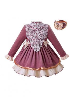 (PRE-ORDER)Lotus Pink Velvet Girls Autumn and Winter Lace Bow Dress