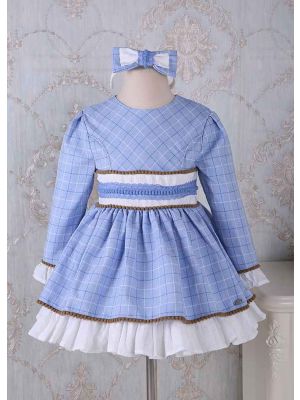 (PRE-ORDER)Girls Blue Grid Long Sleeves Classic Dress