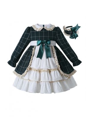 (Pre-order)Girls Green Plaid Christmas Dress + Headwear