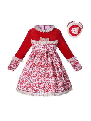 (PRE-ORDER) Girls Red Flower Printed Dress With Headband