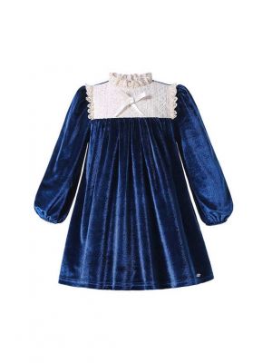Winter Vintage Girls Blue Straight Dress With Bow