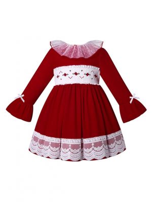 Classic Girls Red Velvet Smocked Lace Dress