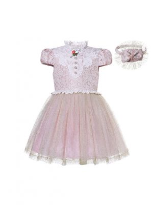 Girls Pink Lace Party Occasion Dress + Handmade Headband