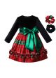 Girls Black Velvet Green Stripe Dress with Green Bow