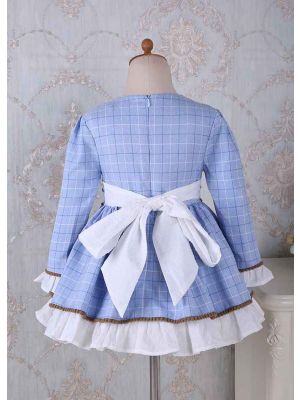 (PRE-ORDER)Girls Blue Grid Long Sleeves Classic Dress