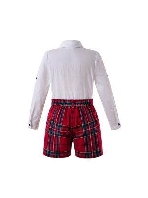 Red  Boys Button Clothing Sets Embroidery White Shirt +  Red Grid Shorts