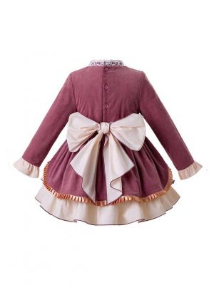 (PRE-ORDER)Lotus Pink Velvet Girls Autumn and Winter Lace Bow Dress