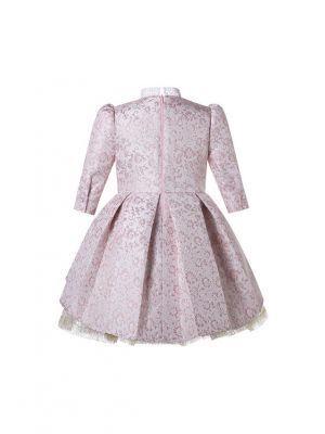 Pink Weaved and Glitter Floral Lace Girls Dress with High Low Hem