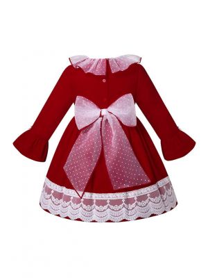 Classic Girls Red Velvet Smocked Lace Dress